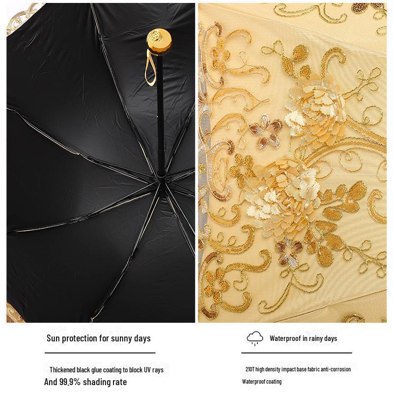 Черный зонт с вышивкой в стиле ретро и защитой от УФ-излучения - двойного назначения для женщин