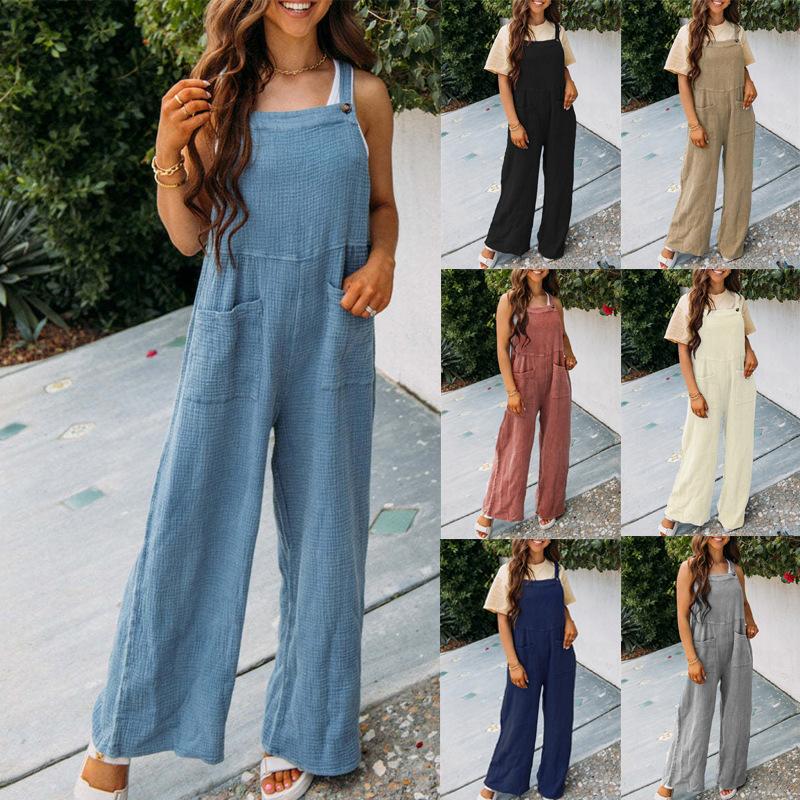 Summer Women's Jumpsuit Casual Solid Color Pocket Square Neck Loose Straps Jumpsuit Backpacking Pants