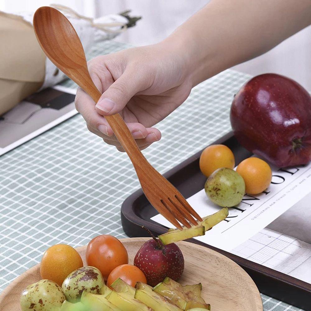Cutlery Dinner Fruit Spoon Fork Natural Wood 2 In 1 Dual Head