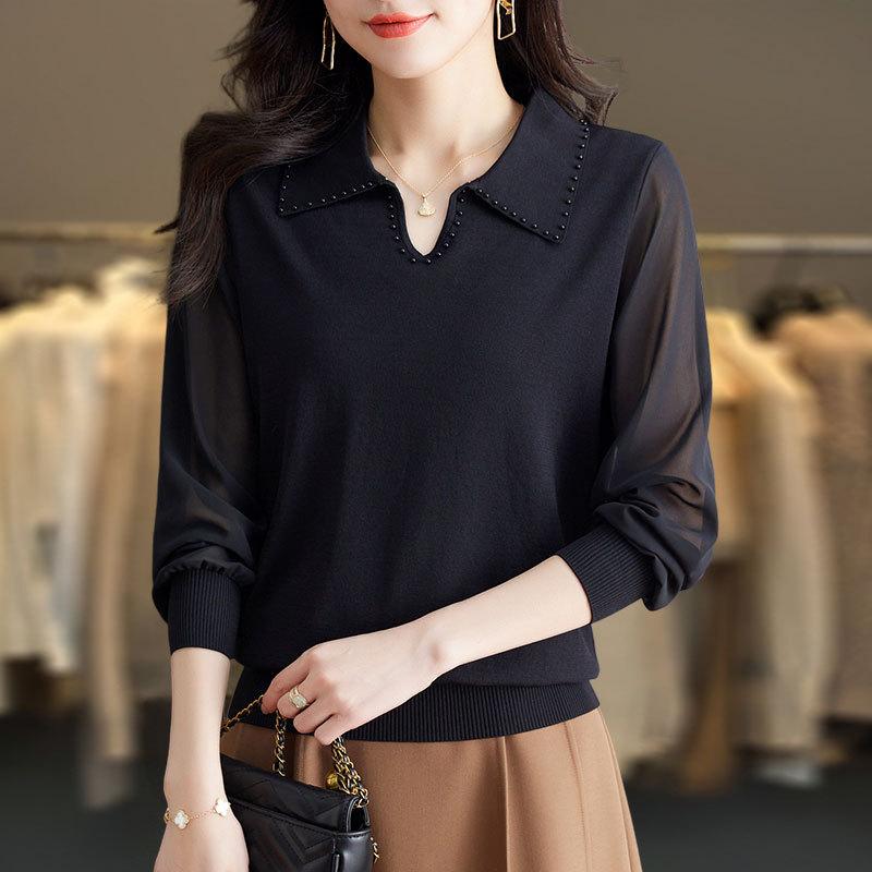 New Spring Style Slim Lapel Chiffon Pullover Top for Women Loose Knitted Base Shirt
