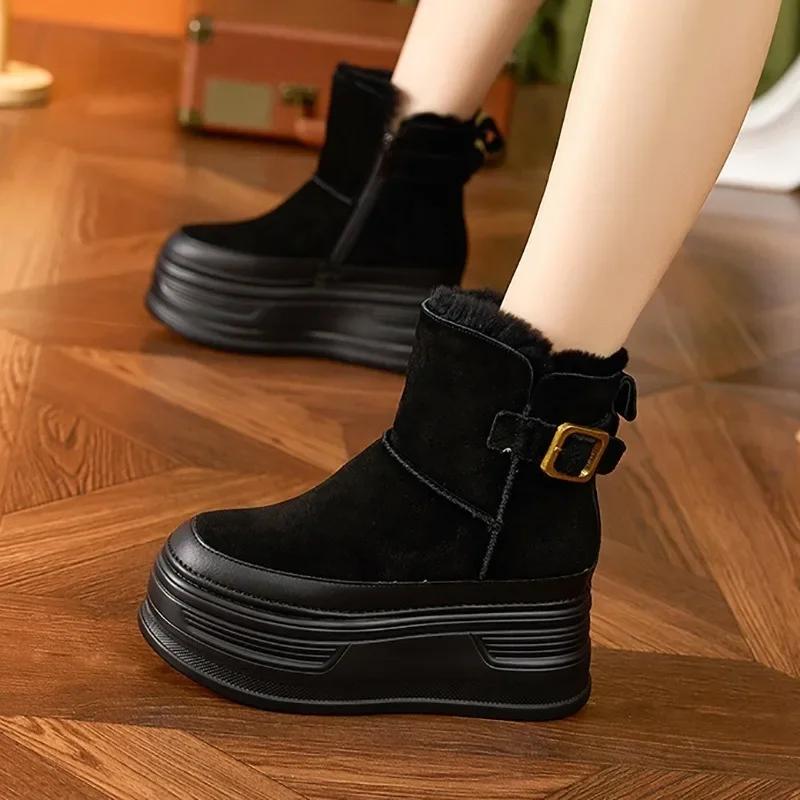 9 см замша коровья натуральная кожа платформа танкетка 2024 зимние плюшевые женские сапоги скрытый каблук весенние теплые ботильоны осенняя обувь
