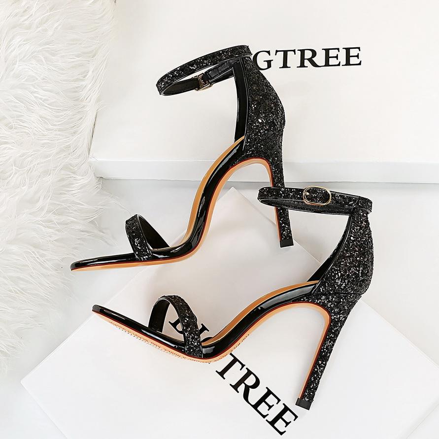 Bigtree Женские летние модные пикантные туфли на высоком каблуке для ночного клуба на очень высоком каблуке 10 см, блестящие блестки и сандалии
