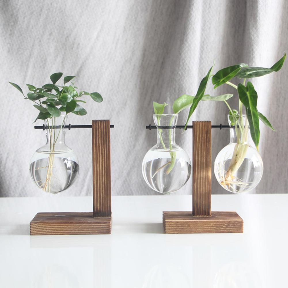 Hydroponic Plant Glass Container Simple And Creative Transparent Vase Wood Frame Design Home Living Room Desktop Decoration