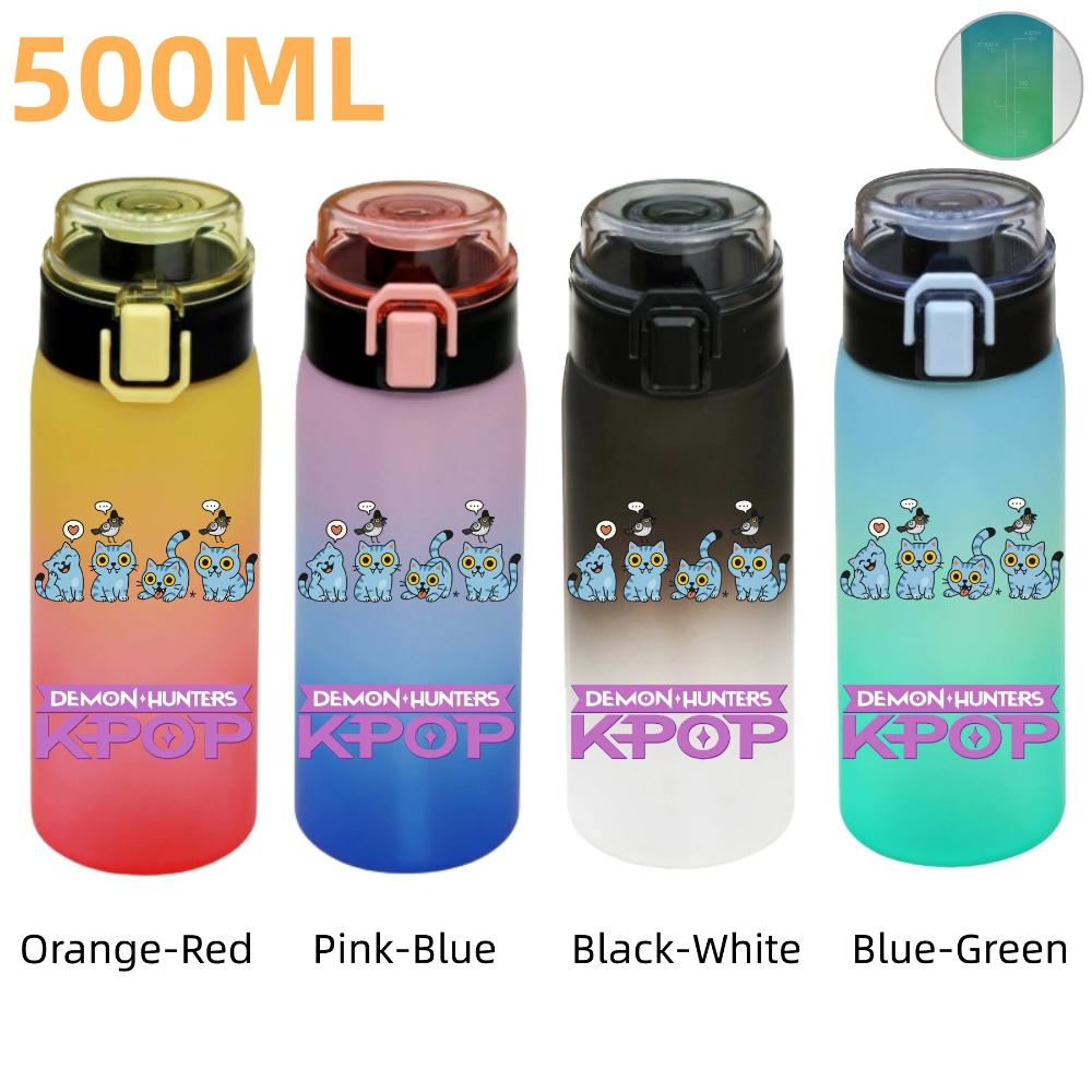 500ML KPop Demon Hunters Plastic Anime Water Cup Has Scale Travel Office Gym Hiking Portable Drink Bottles Outdoor Sport Gifts