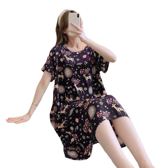 Женская ночная рубашка свободного покроя с цветочным принтом, круглым вырезом, плиссированная, с короткими рукавами, длиной до колена, домашняя одежда, повседневное платье миди, женская ночная рубашка, платье миди