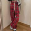 Женские брюки с высокой талией в красную клетку на завязках - повседневные свободные брюки облегающего кроя на осень/лето