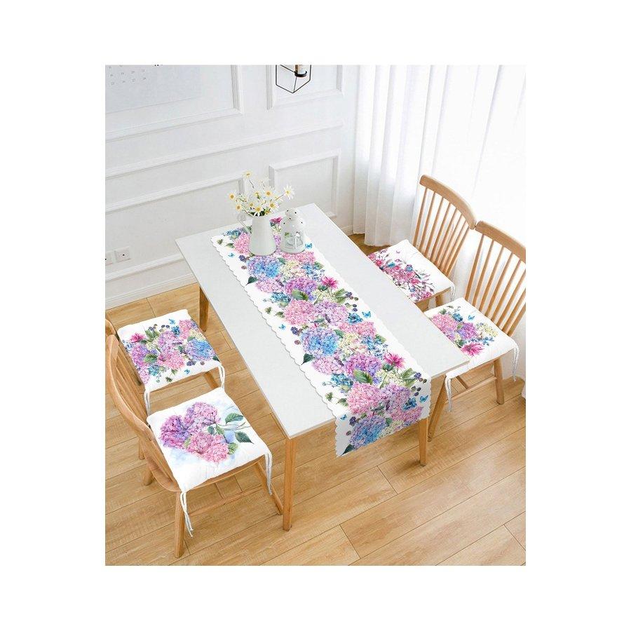 Набор подушек для стула с принтом «Цветы гортензии» / 4 квадратных подушки для стула 40 × 40 см и 1 дорожка