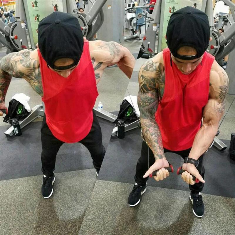 Muscleguys Running Vests Men Cotton Patchwork Mesh Cut Off Gym Tank Tops Bodybuilding Sleeveless Shirts Fitness Clothing Workout Singlets