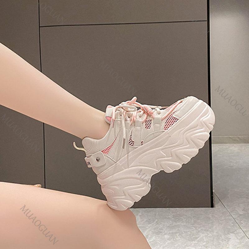 Fashion Spring Summer Thick Bottom Daddy Shoes Female Mesh Breathable Height Increase Hollow Casual Sneakers Mixed Color Platform Tenis