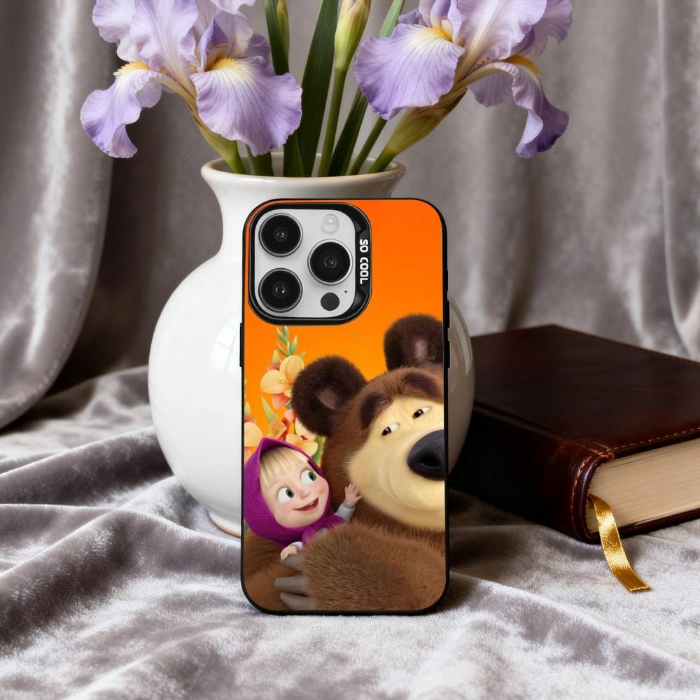 Милый Чехол для Телефона Маша и Медведи Для iPhone17,16,15,14,13,12,11 Plus,Pro Max Черный Конфетный серебристый чехол для телефона