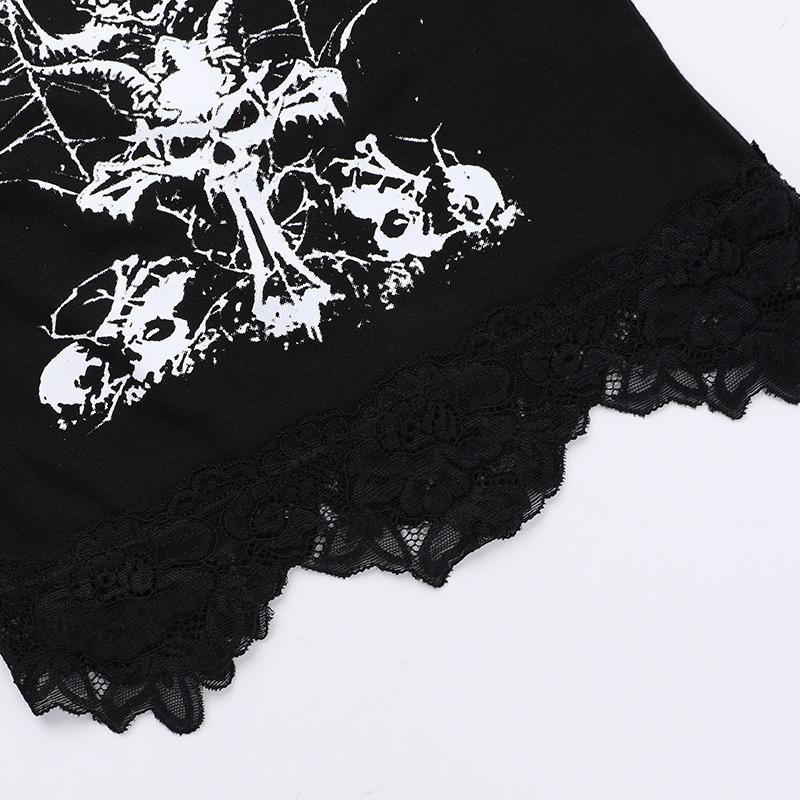 AltGoth Gothic Punk Майки женские Уличная одежда Harajuku Y2k Grunge Graphic Bat Printed Кружевной пэчворк Укороченный топ с цепочкой Femme
