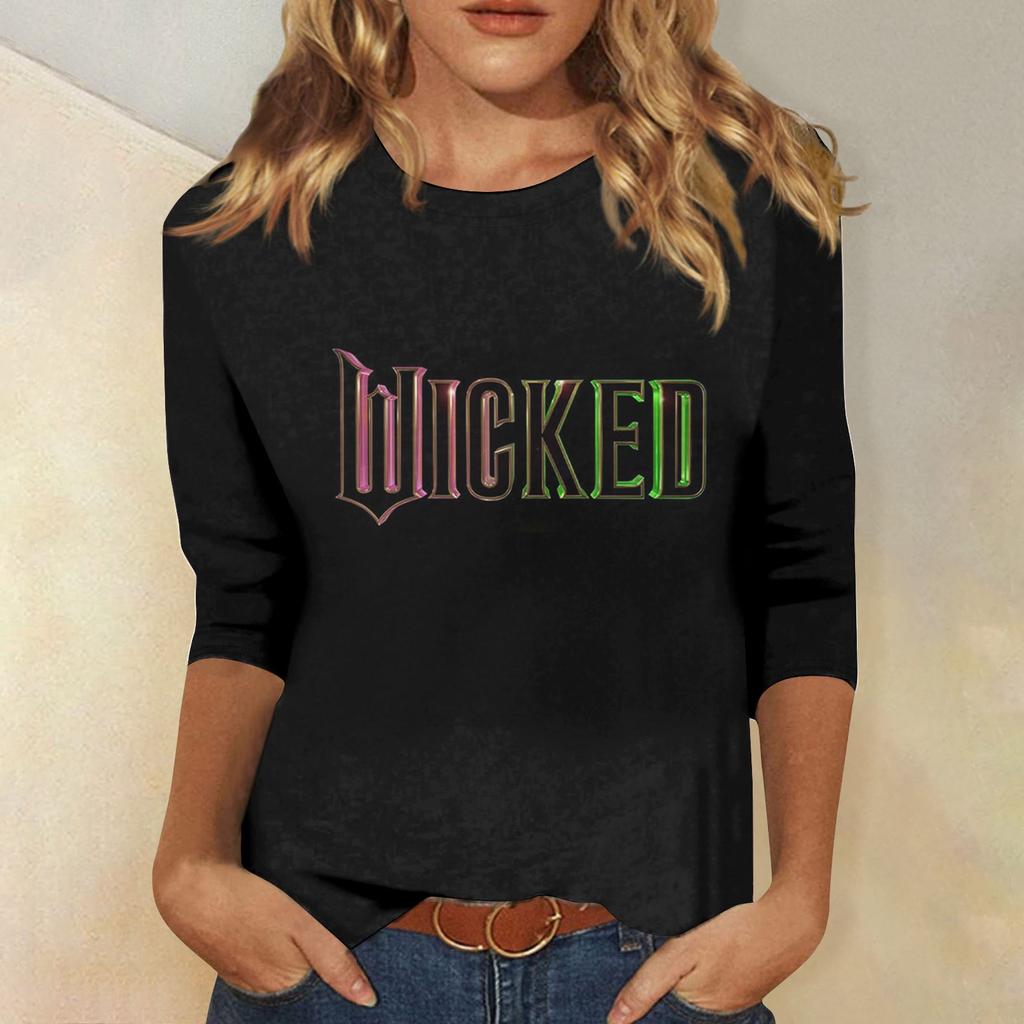 Женская модная повседневная футболка с круглым вырезом и принтом «Bad Witch» с семью рукавами