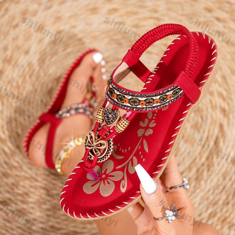 Fashion Large Size Women's Roman Shoes Summer New Lightweight Comfortable Soft Sole Beach Shoes Fashion Rhinestone Non Slip Casual Flats