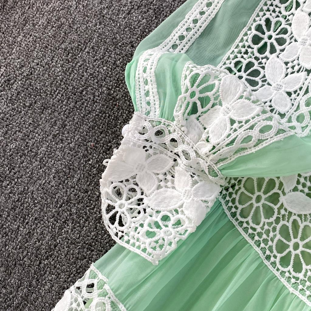 Роскошные Дизайнерские Осенние Вечерние Платья для Выпускного с Ажурной Вышивкой для Женщин, Кружевной Пэчворк, V-образный Вырез, Длинный Рукав-фонарик, Макси-платье