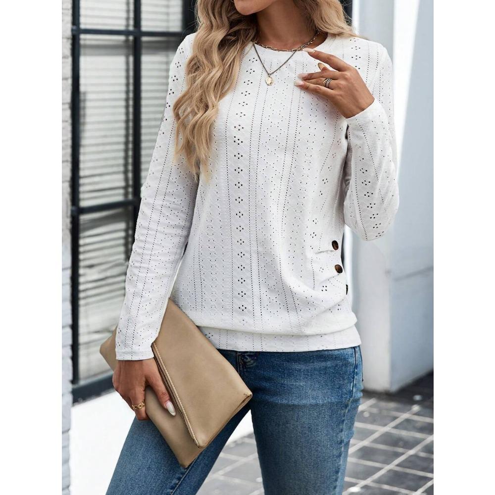 Футболка с круглым вырезом, длинными рукавами и декоративными пуговицами, модная и универсальная, повседневная для работы.