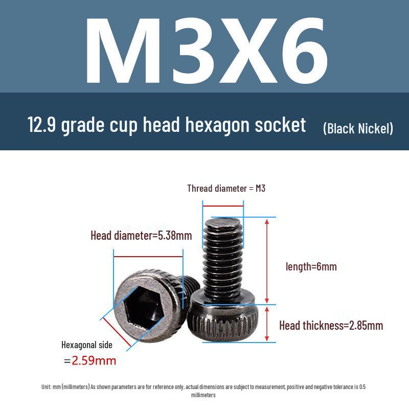 Yigu High-Strength Black Nickel Hex Socket Screw, M1.6-M4, Knurled Cup Head Bolt, 12.9 Grade.