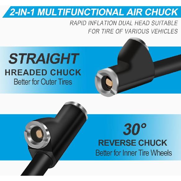 Air Chuck 6.2”, 1/4" FNPT Extended Dual Head Closed Tire Chuck with Quick Plug for Tire Inflator Gauge and Air Compressor Accessories (1 Pack)