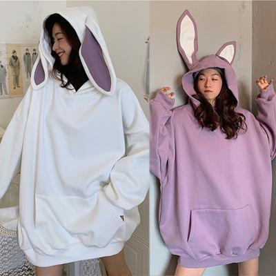 Новая мода для женщин свитер с капюшоном Повседневное кролик с длинным рукавом сплошной цвет свободные топы толстовки пальто