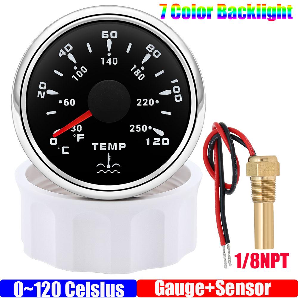 ZMFJH 7 Color Light 52MM Water Temperature Gauge with Alarm Water Temp Sensor 1/8NPT,3/8NPT,M14X1.5,M16X1.5 for Car Boat Yacht