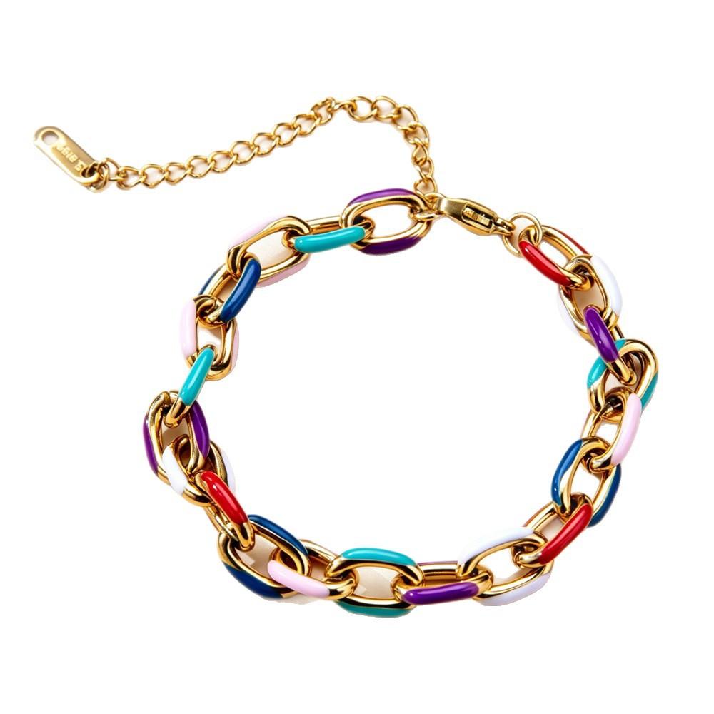 Factory-direct Bold Colorful Iron Oil-Drip Bracelet; Simple Versatile Chunky Chain; Hip-Hop Unisex Style Anniversary
