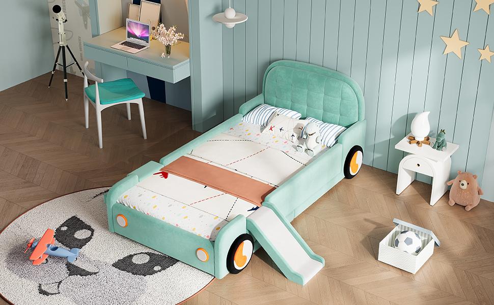 Bed, Car Bed with Slide and Staircase, Mountable Left/Right, Upholstered Bed in Teal, Play Bed with Fall Protection for Children's Room, 90x200 cm