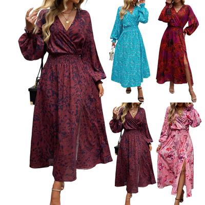 Женское платье повседневное с V-образным вырезом и высокой талией, с винтажным цветочным принтом и длинными рукавами