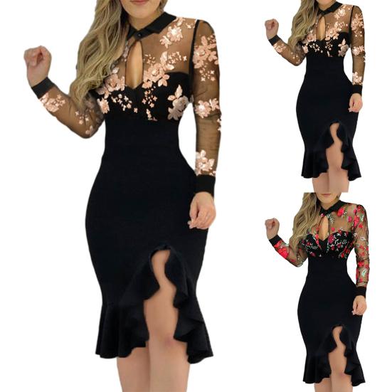 Леди Нижние Юбки Плюс Размер Торжественное Платье Вышивка Оборками Подол Весна Осень Платье с Цветочным Узором и Блестками Разделенный Подол Платье для Свадьбы