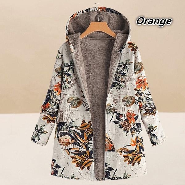 Женское пальто с капюшоном и принтом в виде листьев, винтажная куртка с длинным рукавом и цветочным принтом, зимняя утепленная верхняя одежда больших размеров S-5XL