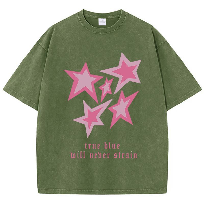 True Blue Will Neber Strain Cotton Washed T-Shirts Women Star Printed T Shirt Summer O-Neck Oversized Tops Casual Woman Clothes