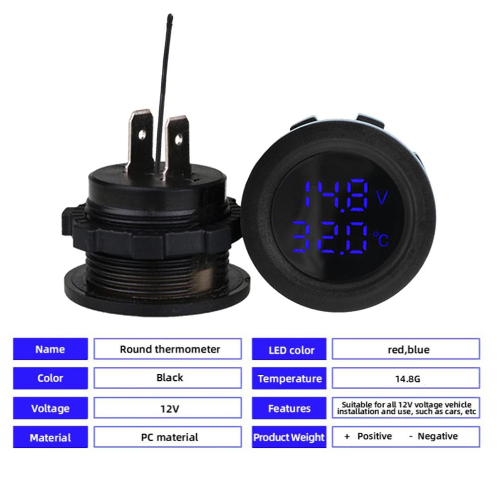 12-24V Car Round Temperature Voltmeter Auto Voltage Test Display Digital Measurement for Car Motorcycle Boat Yacht Voltmeter
