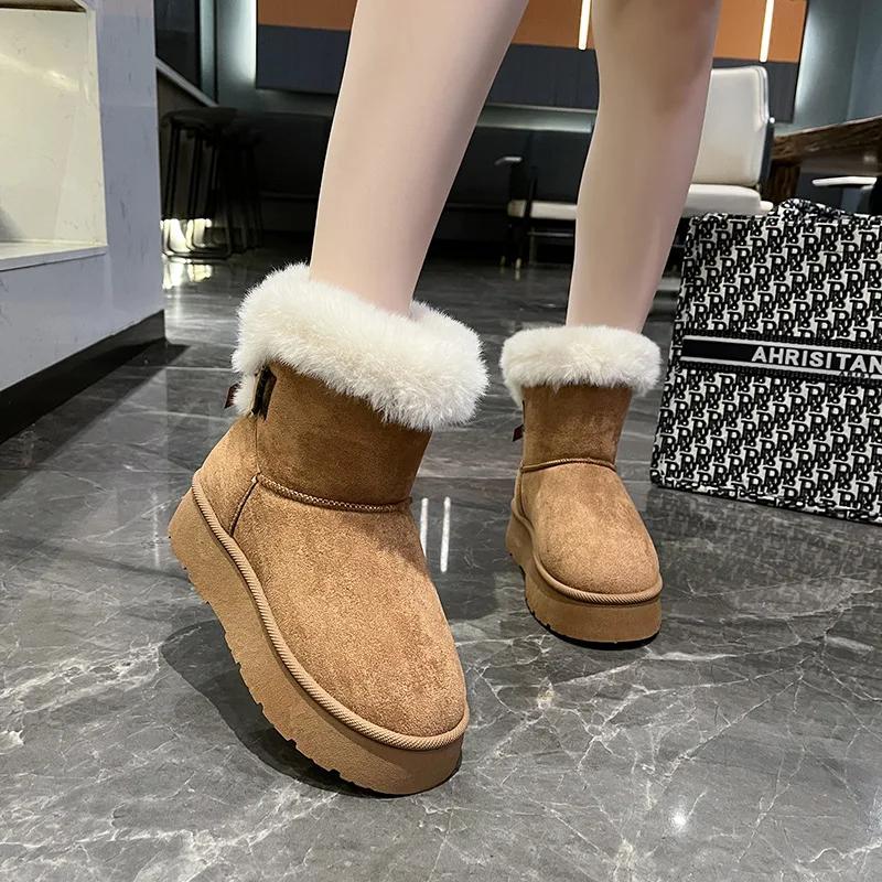 2024 New Platform Boots Women's Winter with Fleece Thickened Warm Cotton Boots Northeast Outdoor Non-slip Bread Cotton Shoes