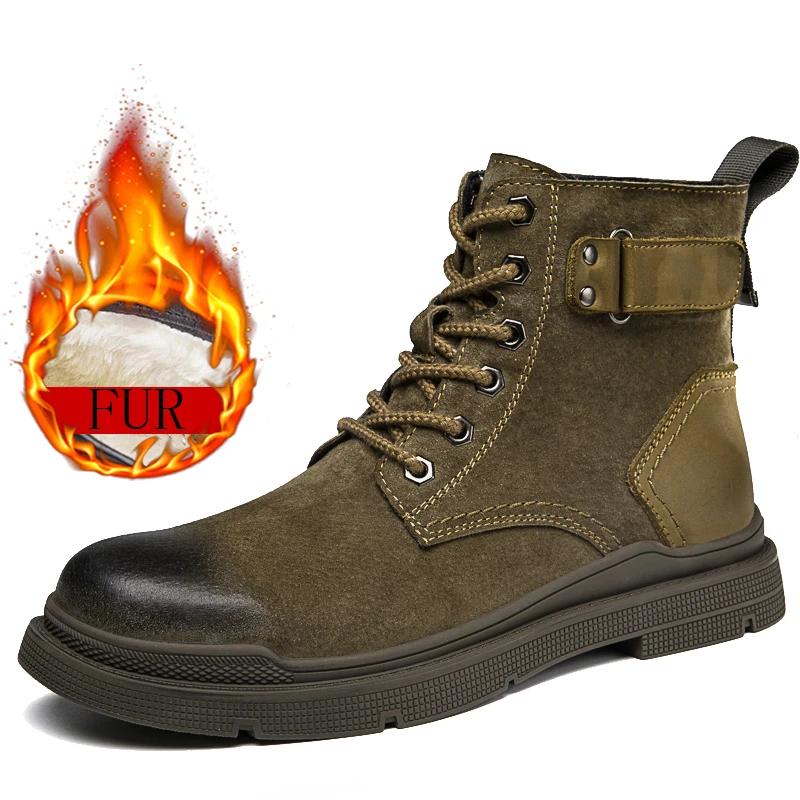 Модные мужские высококачественные рабочие ботинки, брендовые ковбойские сапоги с толстой подошвой, высокие нескользящие теплые повседневные ботинки, кожаные ботинки со шнуровкой и круглым носком