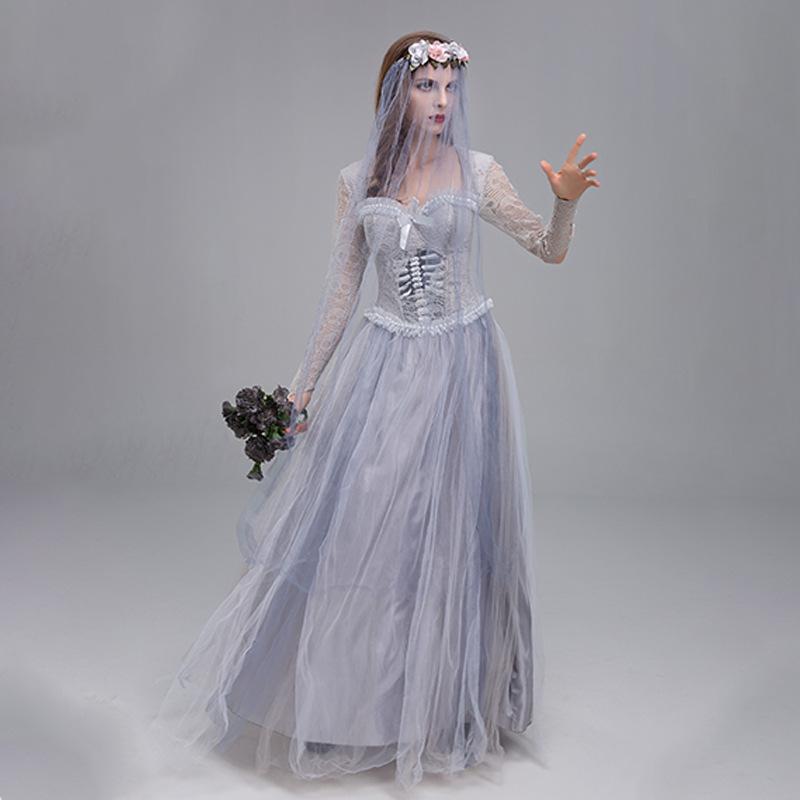 Halloween Ghost Bride Dress Women Gothic Cosplay Costume Set Scary Wedding Gown Outfit