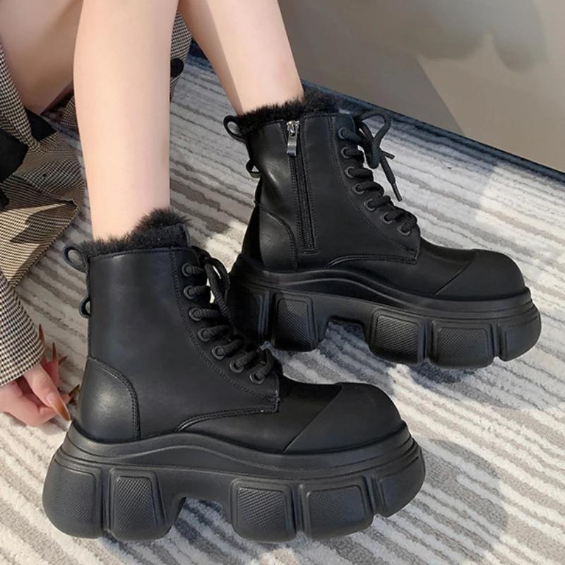 Обувь для женщин 2024 года, горячая распродажа, женские ботинки на шнуровке, зимние, с круглым носком, сплошные, плюшевые, теплые, на платформе, водонепроницаемые, модные, голые ботинки