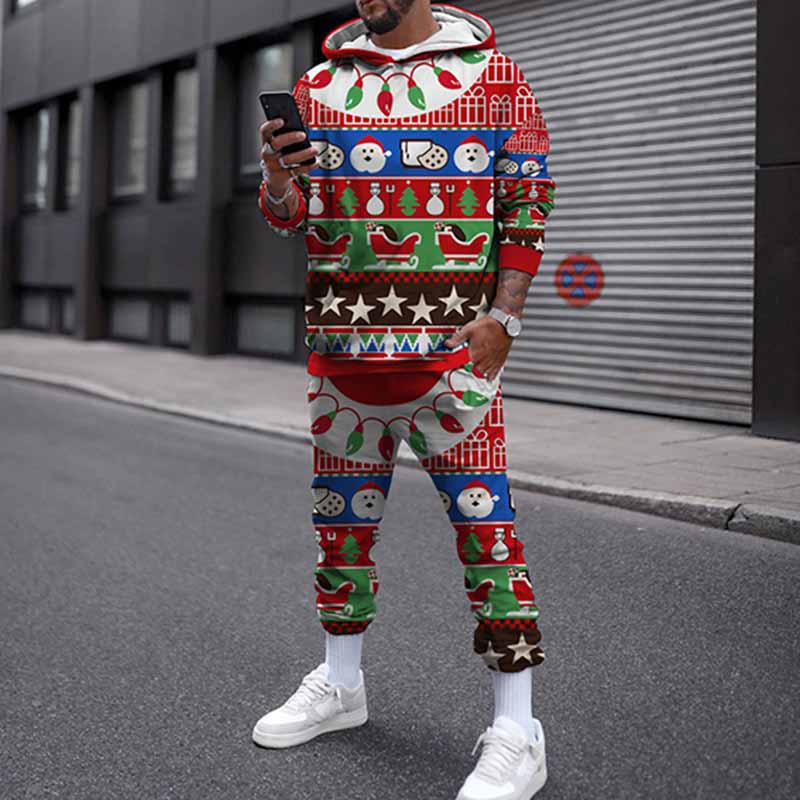 Зимний рождественский комплект с капюшоном для мужчин и женщин, уличная одежда, повседневный пуловер, свободный спортивный костюм для бега, толстовки с 3D принтом + длинные брюки