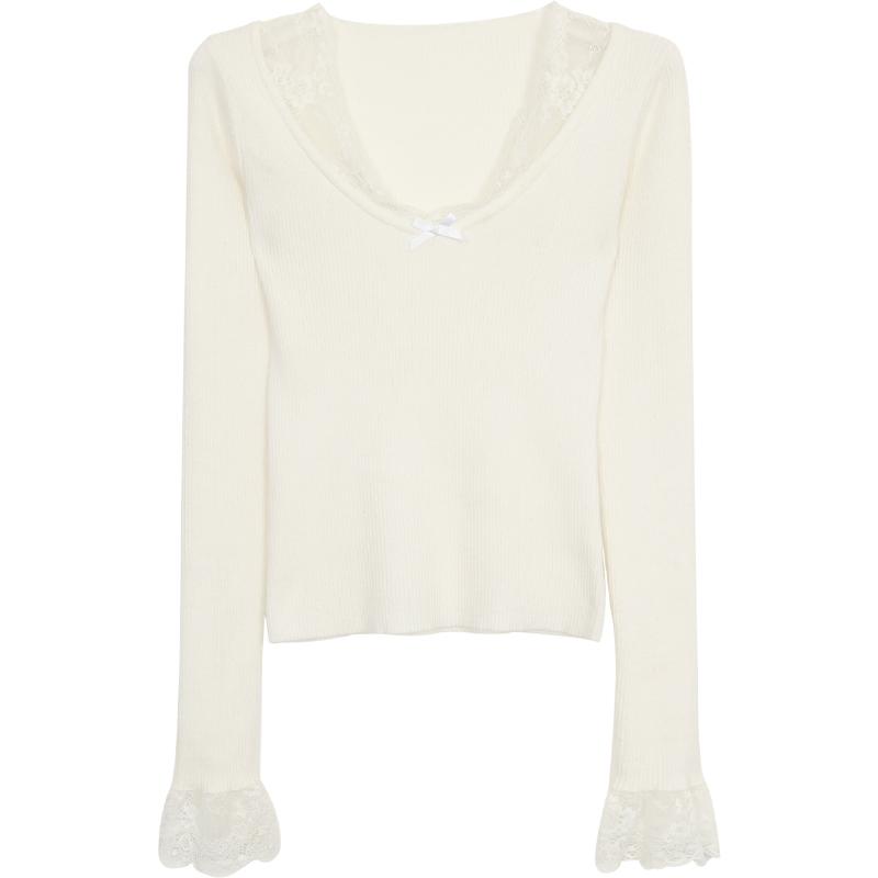 Повседневный вязаный свитер с кружевом и V-образным вырезом для женщин, осень и зима, новые облегающие вязаные свитера, женские топы, элегантные однотонные винтажные женские джемперы 25865