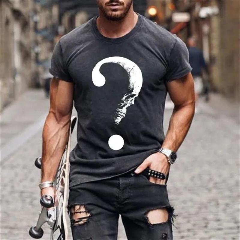 Летняя мужская повседневная футболка с рисунком черепа, футболки с коротким рукавом, белая футболка с забавным принтом вопросительного знака, уличная дышащая футболка