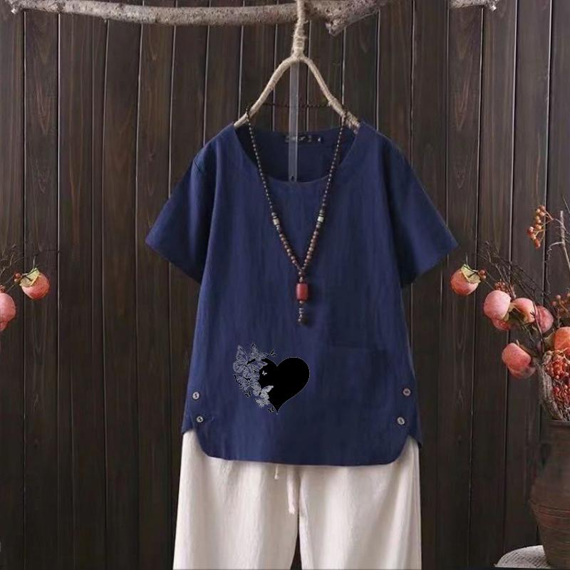 Женский летний хит продаж, стильная повседневная футболка с бесплатным графическим принтом, винтажная льняная рубашка с круглым вырезом, рубашка с короткими рукавами, топ s-4xl