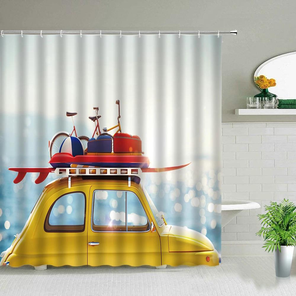 Shower Curtain Funny Shower Curtains for Bathroom Vintage Summer Holiday Retro Bus Camper Van Shower Curtains Surfboard Palm
