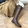 Модные винтажные женские тонкие сапоги до колена, модные туфли с пряжкой на ремне, осень-зима, на низком каблуке, женские современные длинные сапоги