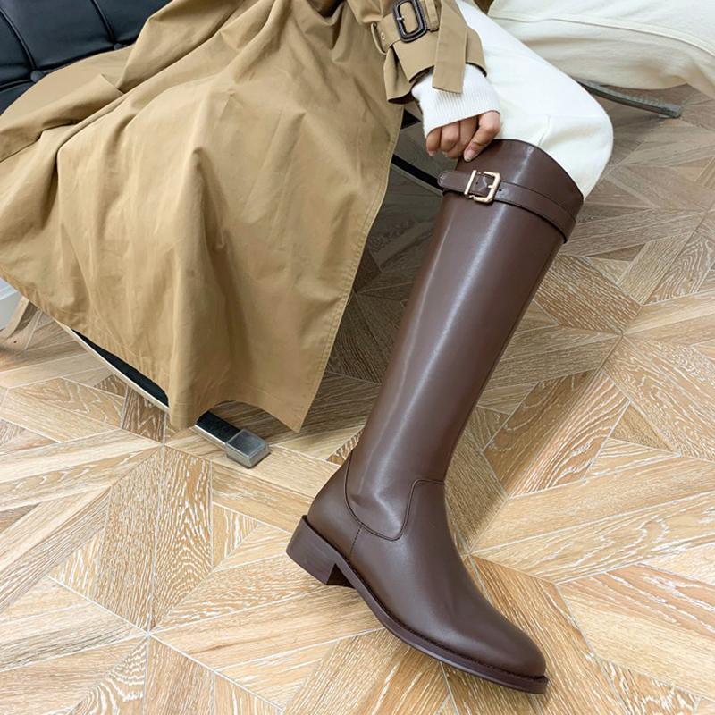 Модные винтажные женские тонкие сапоги до колена, модные туфли с пряжкой на ремне, осень-зима, на низком каблуке, женские современные длинные сапоги