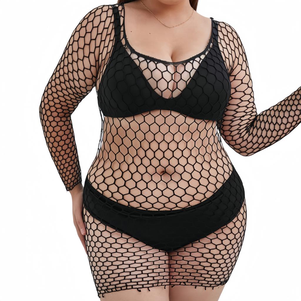 Oversize Women Mesh Hollow Sexy Bodystockings Large Plus Size See Through Erotic Open Crotchless Lingerie Bra Set XXXXL