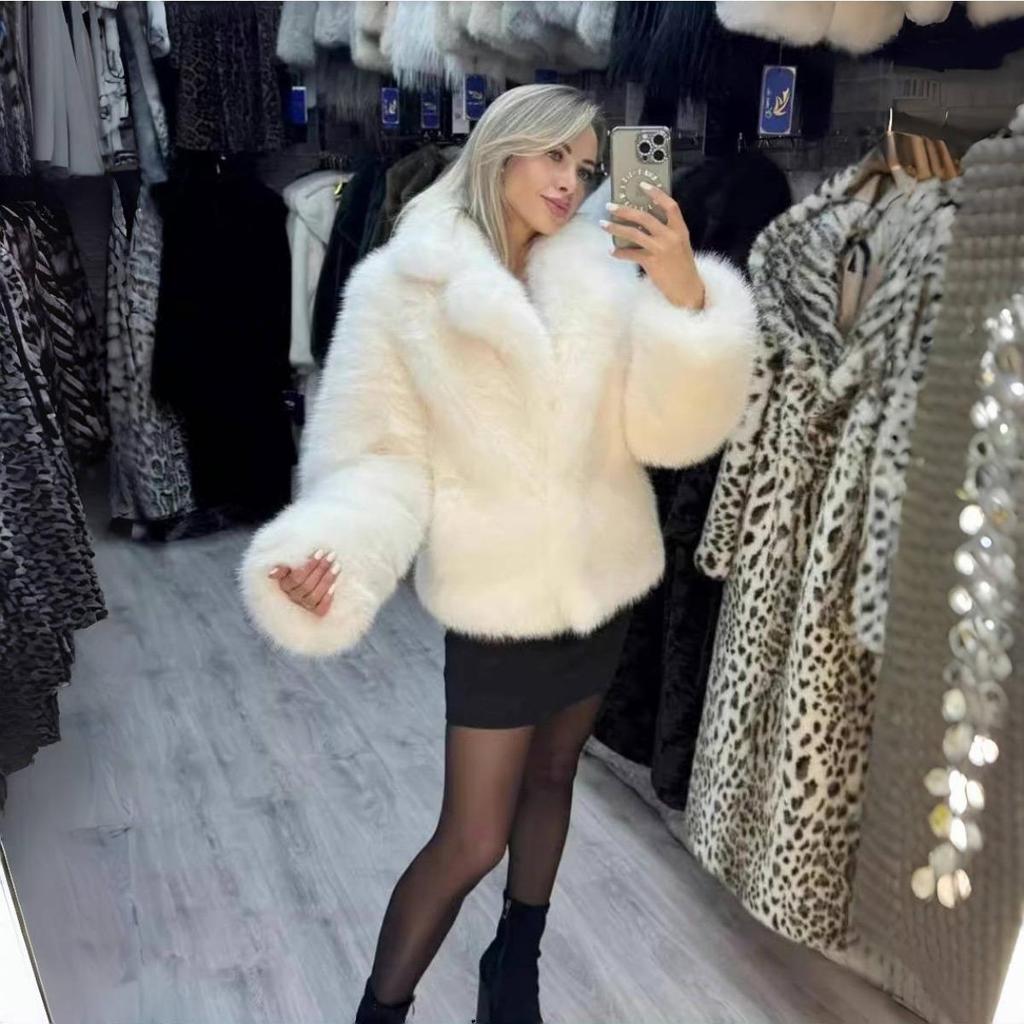 Женское элегантное пальто из лисьего меха с большим лацканом, женская пушистая повседневная куртка с длинным рукавом, осенне-зимнее толстое теплое пальто из искусственного меха