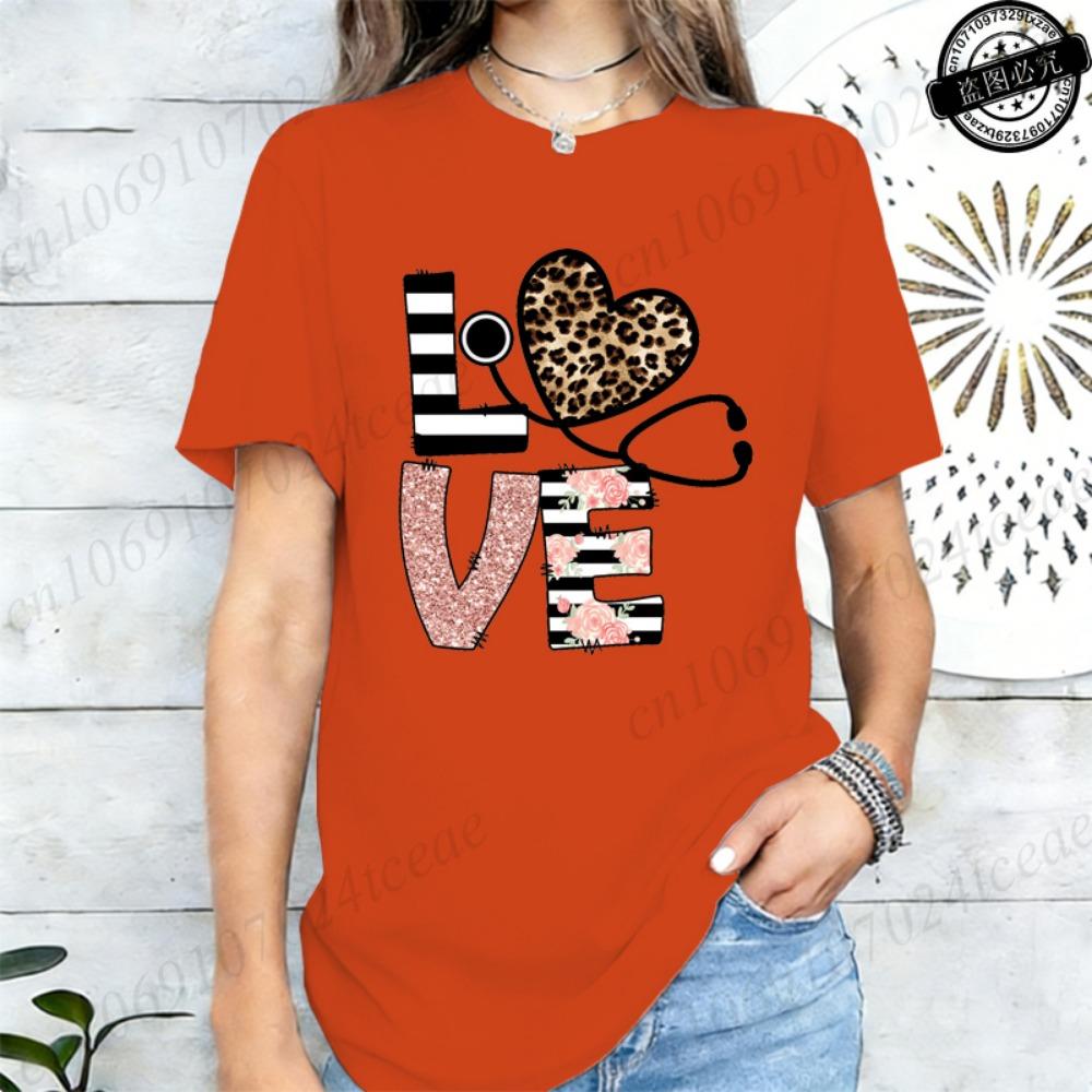 LOVE Stethoscope Heart Rose T-Shirts,Leopard Nurse T Shirt for Women,Nurse Week Gift,short Sleeve Tees,summer Fashion Shirts