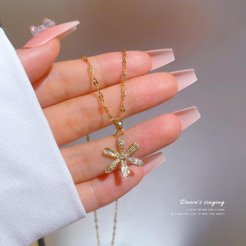 Light Luxury Full Diamond Micro-Inlaid Zircon Sprouting Large Flower Necklace Copper Electroplated Real Gold Pendant