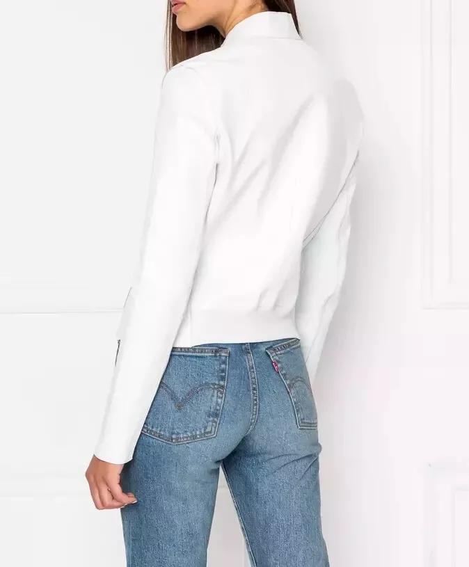 Women White Jacket Genuine Lambskin Leather Handmade Stylish Biker Motorcycle