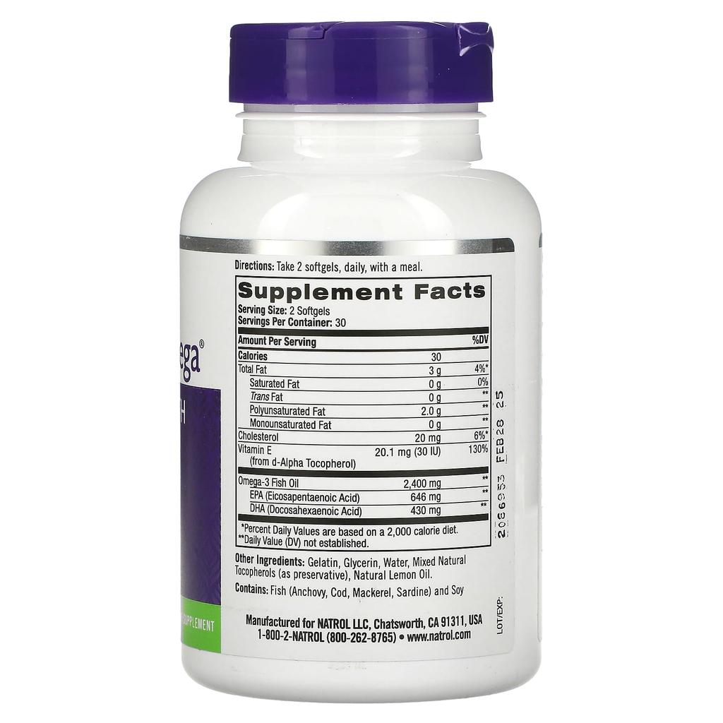 Natrol, Extreme Omega, Lemon, 2,400mg, 60 softgels (1,200mg per softgel)