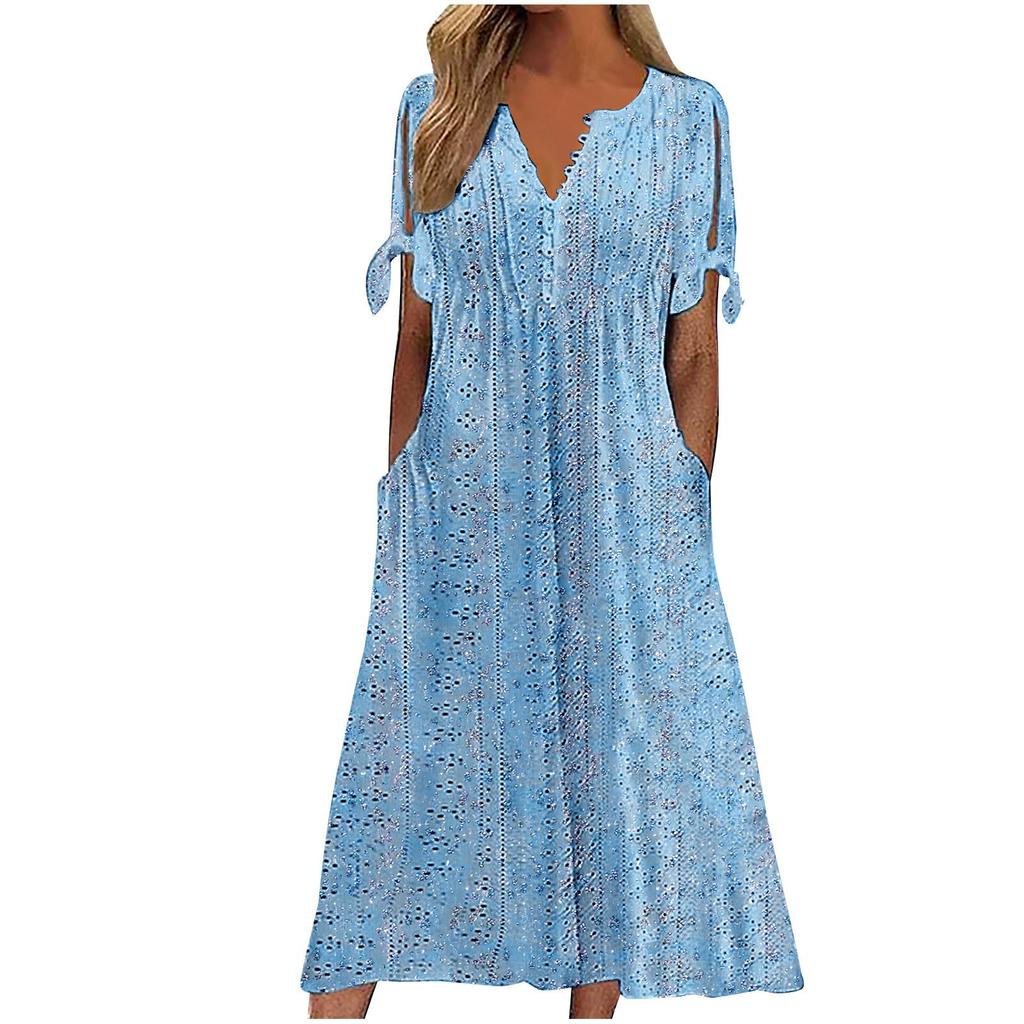 Women's Fashion Casual Bohemian Prints Round Neck Button Off Shoulder Short Sleeve Pocket Dress
