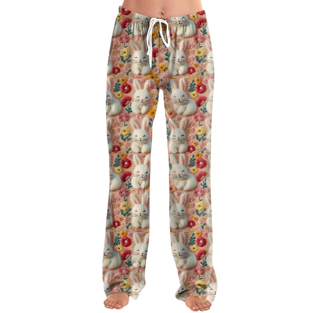 Womens Pajama Pants Sleepwear Casual Drawstring Elastic Waist Pants Comfy Straight Yoga Loose Trousers Easter