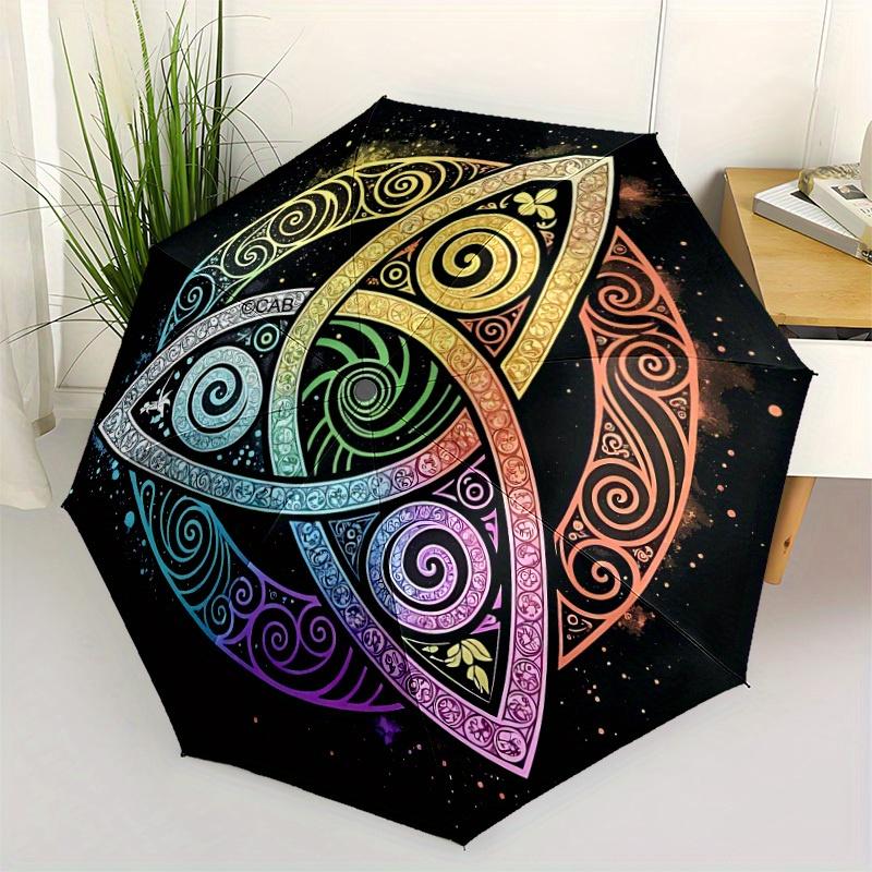 1pc Triquetra Cosmic Automatic Open/Close Folding Umbrella - 8-Rib Sturdy Compact Travel Umbrella with Vibrant Swirl Design, L